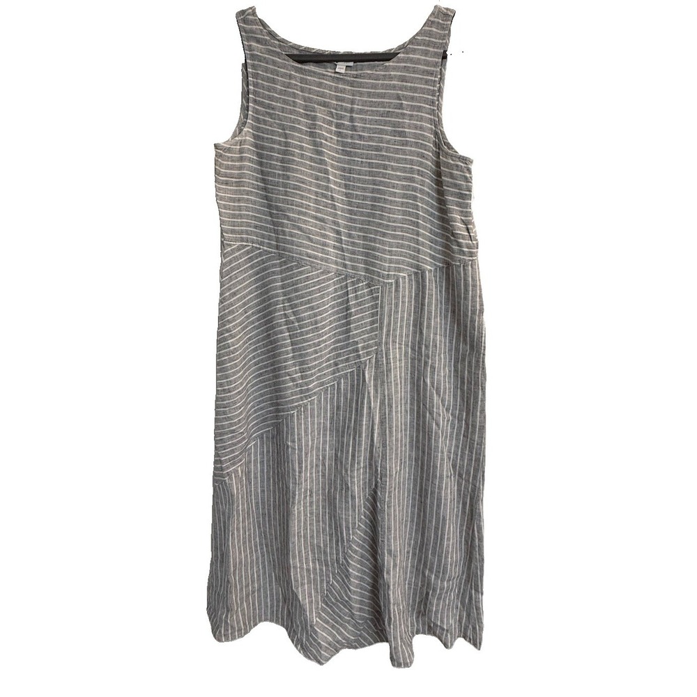 J Jill Love Linen Gray White Striped Multi Directional Panels Dress L Pockets